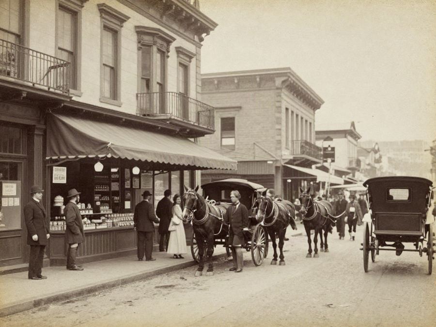 A city street in the 1890s with horse-drawn carriages
